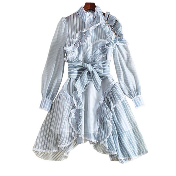 Final SALE ❤️🔥🪽Runway Blue Stripe Asymmetrical Dress large - Picture 4 of 6